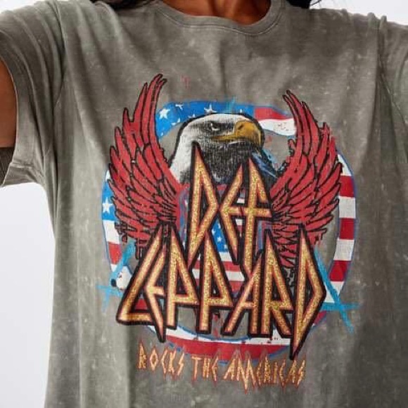 DEF LEPPARD Grey Green Acid Wash Rocks The Americas Eagle Graphic Band Tee - Picture 2 of 10